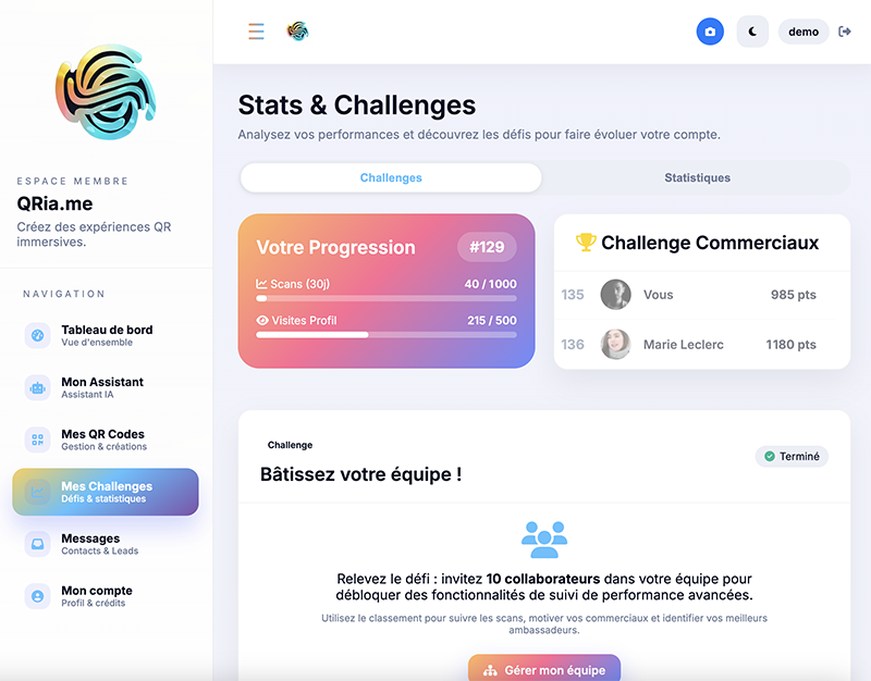 Challenges de gamification dans Qria.me