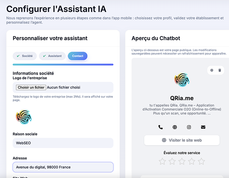 Configuration de l'assistant IA dans Qria.me